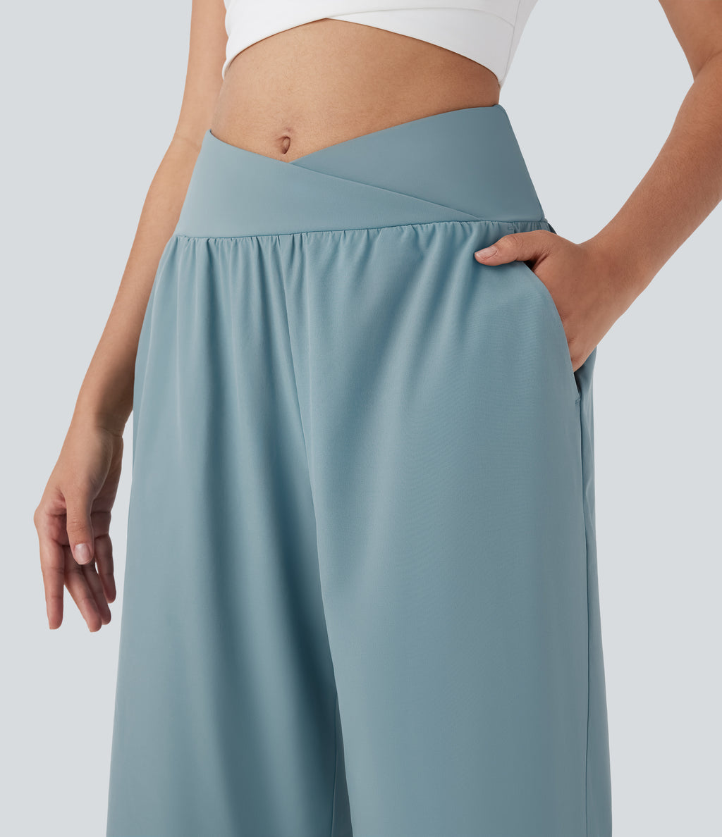 High Waisted Crossover Side Pocket Split Quick Dry Capri Resort Trousers — Stone Blue — view 4