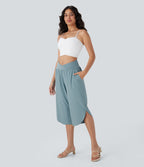 High Waisted Crossover Side Pocket Split Quick Dry Capri Resort Trousers — Stone Blue — view 6