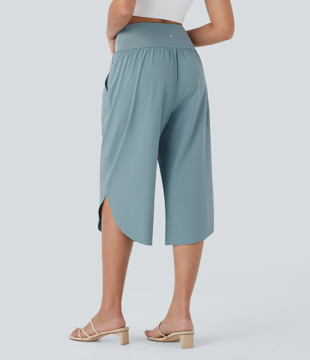 High Waisted Crossover Side Pocket Split Quick Dry Capri Resort Trousers — Stone Blue — view 2