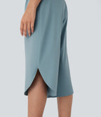 High Waisted Crossover Side Pocket Split Quick Dry Capri Resort Trousers — Stone Blue — view 5