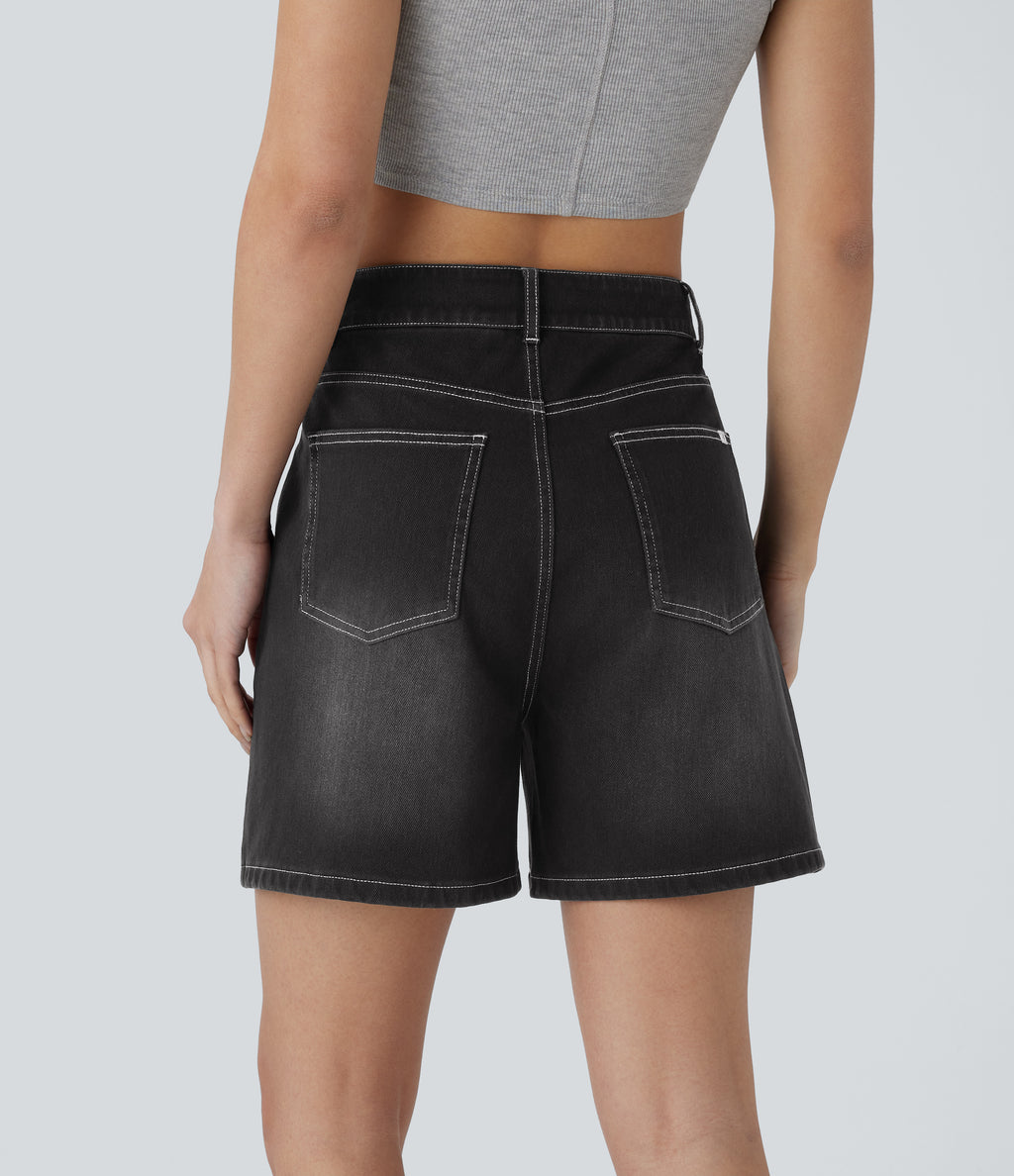 Mid Rise Drawstring Pockets Washed Denim Casual Shorts — Dirty Black Denim — view 3
