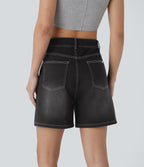 Mid Rise Drawstring Pockets Washed Denim Casual Shorts — Dirty Black Denim — view 3