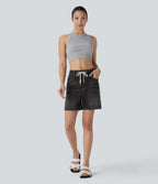 Mid Rise Drawstring Pockets Washed Denim Casual Shorts — Dirty Black Denim — view 7