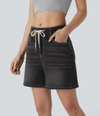 Mid Rise Drawstring Pockets Washed Denim Casual Shorts — Dirty Black Denim — view 2