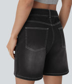 Mid Rise Drawstring Pockets Washed Denim Casual Shorts — Dirty Black Denim — view 6
