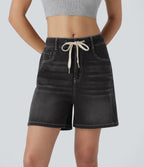 Mid Rise Drawstring Pockets Washed Denim Casual Shorts — Dirty Black Denim — view 1