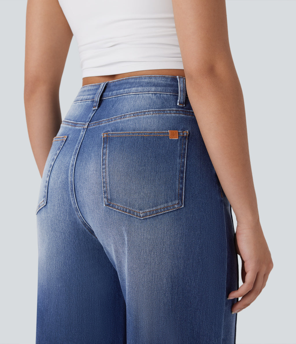 High Waisted Pockets Washed Casual Baggy Jeans — Paint Blue Denim — view 5