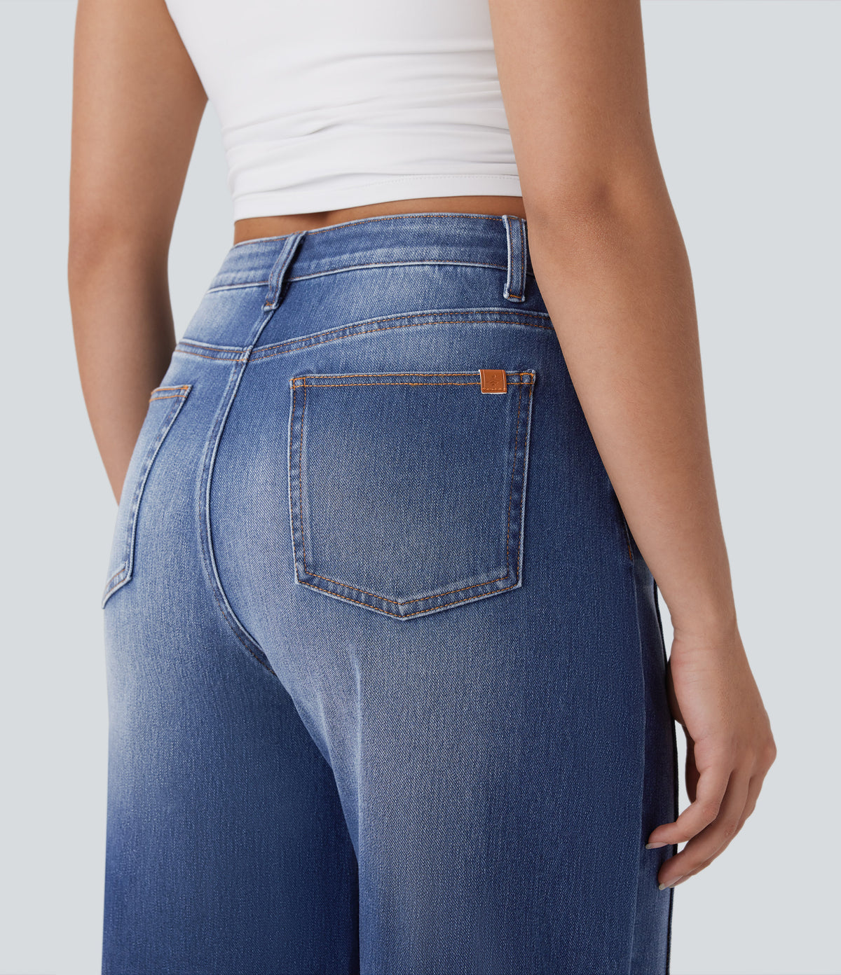 High Waisted Pockets Washed Casual Baggy Jeans — Paint Blue Denim — view 5