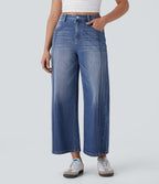High Waisted Pockets Washed Casual Baggy Jeans — Paint Blue Denim — view 1