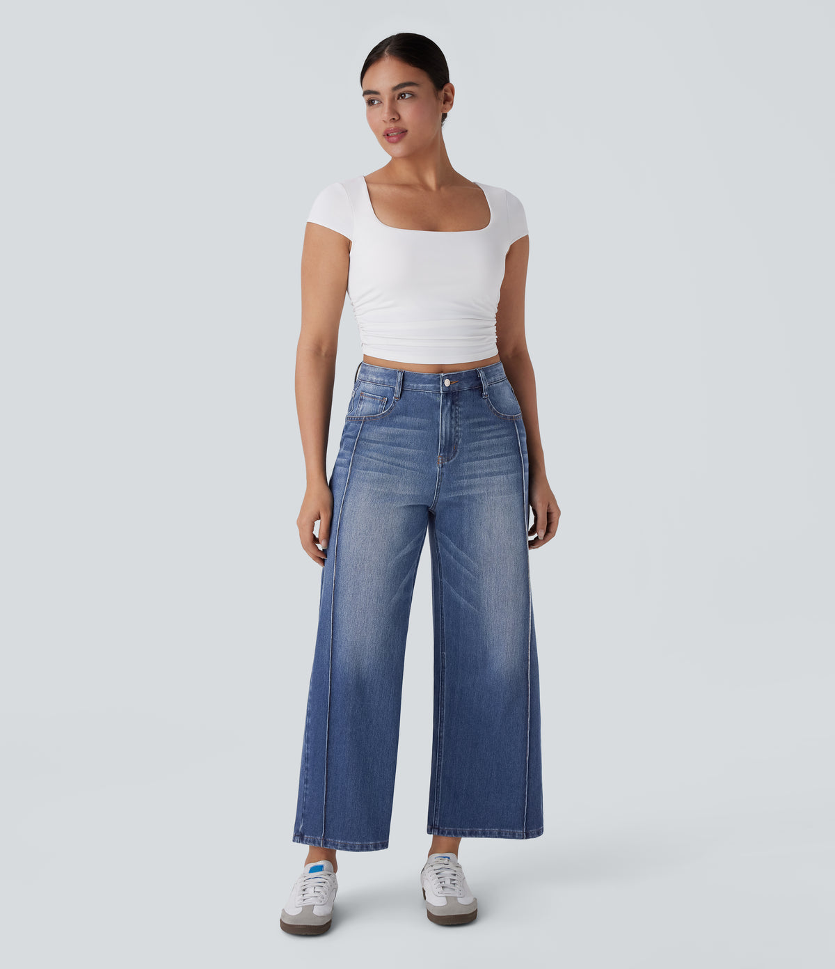 High Waisted Pockets Washed Casual Baggy Jeans — Paint Blue Denim — view 6