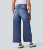 High Waisted Pockets Washed Casual Baggy Jeans — Paint Blue Denim — view 2