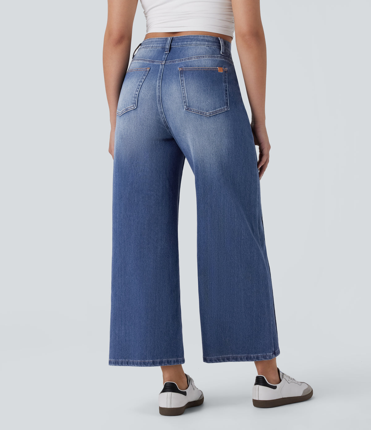 High Waisted Pockets Washed Casual Baggy Jeans — Paint Blue Denim — view 2
