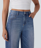 High Waisted Pockets Washed Casual Baggy Jeans — Paint Blue Denim — view 4