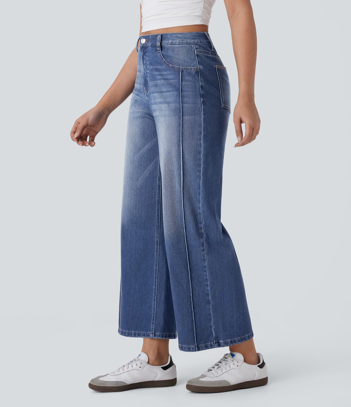 High Waisted Pockets Washed Casual Baggy Jeans — Paint Blue Denim — view 3