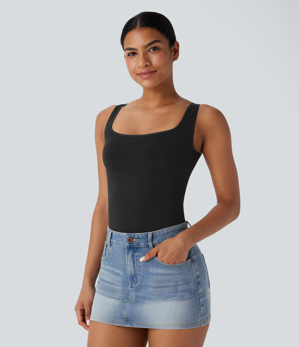 OneForm Seamless Flow Square Neck Lounge Shapewear Tank Top — Black — view 3