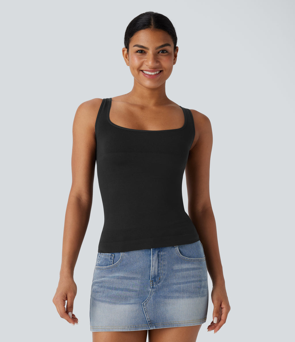OneForm Seamless Flow Square Neck Lounge Shapewear Tank Top — Black — view 7