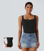 OneForm Seamless Flow Square Neck Lounge Shapewear Tank Top — Black — view 1