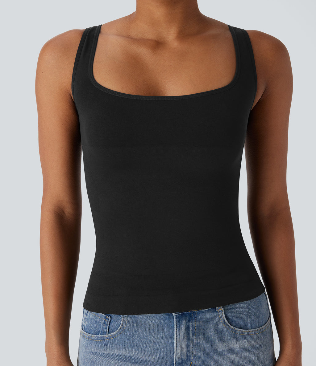 OneForm Seamless Flow Square Neck Lounge Shapewear Tank Top — Black — view 6