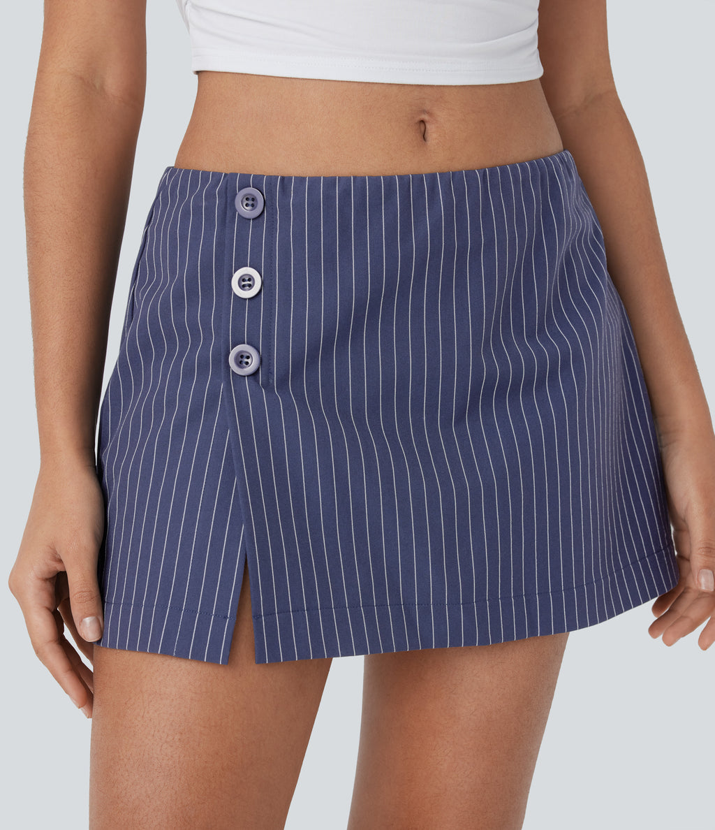 Low Rise Invisible Zipper Decorative Button Split 2-in-1 Stripe Mini Casual Skirt — Always in a Mood - Dark Blue — view 5