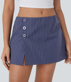 Low Rise Invisible Zipper Decorative Button Split 2-in-1 Stripe Mini Casual Skirt — Always in a Mood - Dark Blue — view 5