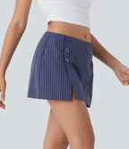 Low Rise Invisible Zipper Decorative Button Split 2-in-1 Stripe Mini Casual Skirt — Always in a Mood - Dark Blue — view 3