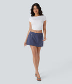 Low Rise Invisible Zipper Decorative Button Split 2-in-1 Stripe Mini Casual Skirt — Always in a Mood - Dark Blue — view 7