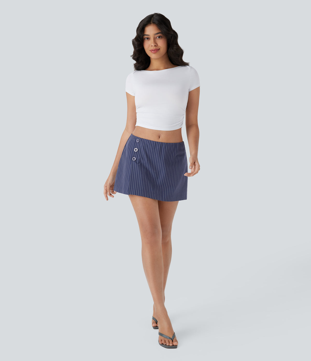 Low Rise Invisible Zipper Decorative Button Split 2-in-1 Stripe Mini Casual Skirt — Always in a Mood - Dark Blue — view 7