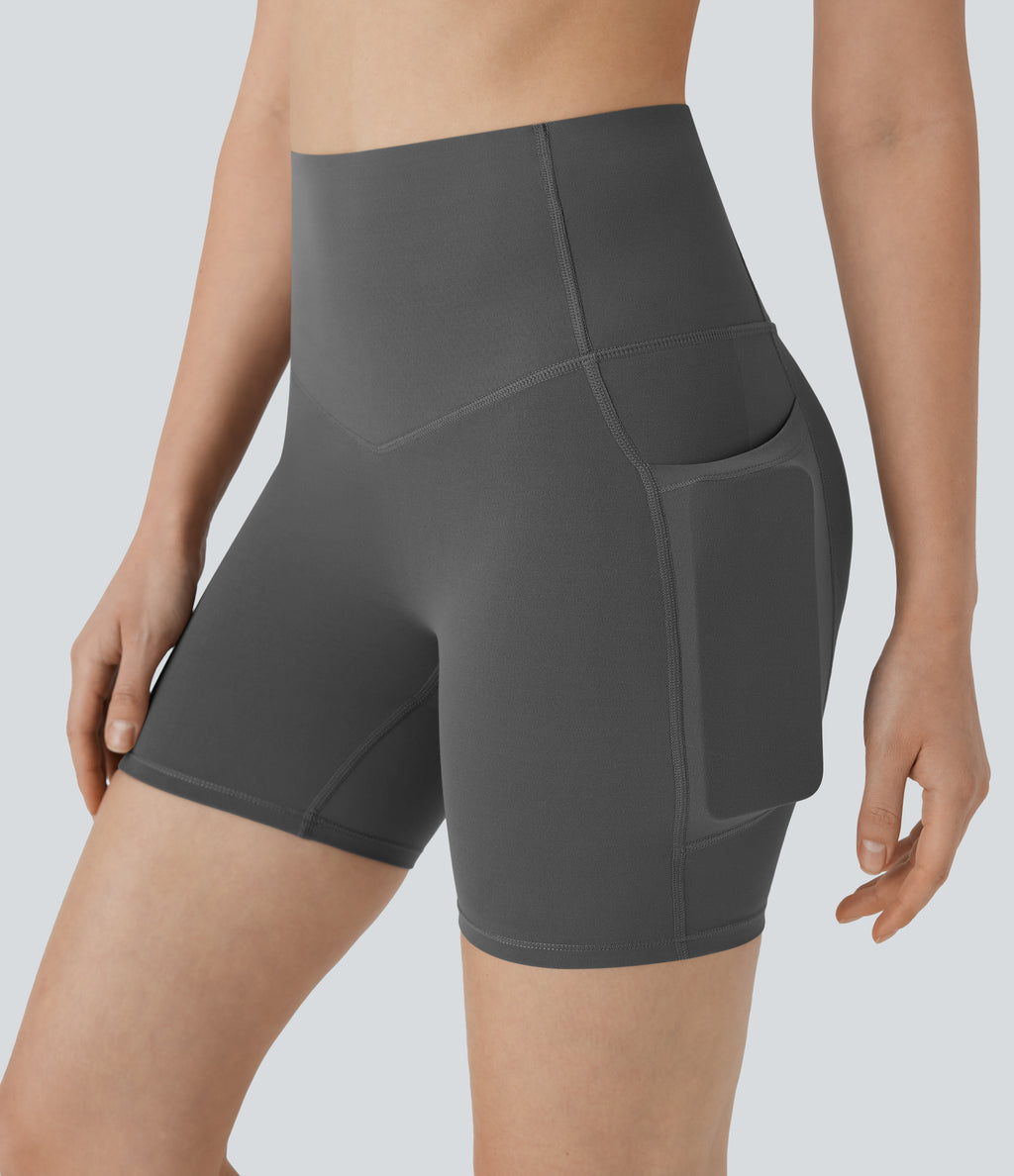 High Waisted Butt Lifting Tummy Control Pocket Shaping Training Biker Shorts 5'' — Volcanic Ash — view 6
