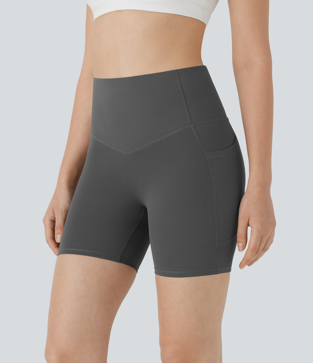 High Waisted Butt Lifting Tummy Control Pocket Shaping Training Biker Shorts 5'' — Volcanic Ash — view 4