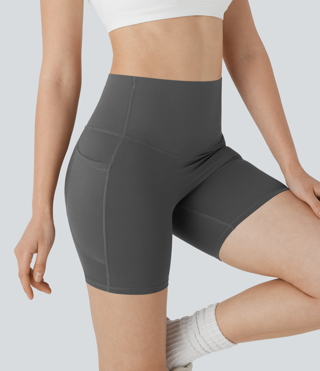High Waisted Butt Lifting Tummy Control Pocket Shaping Training Biker Shorts 5'' — Volcanic Ash — view 8