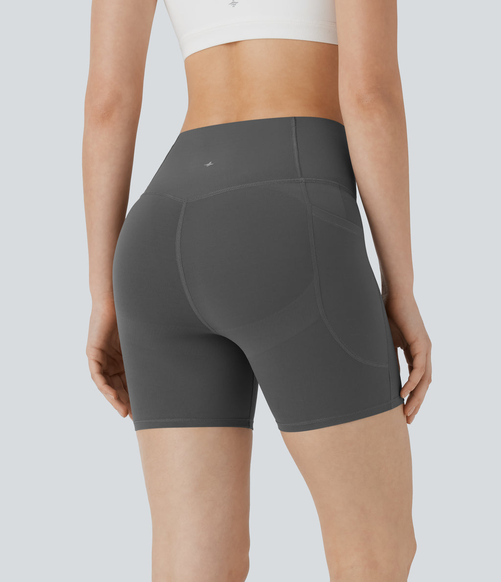 High Waisted Butt Lifting Tummy Control Pocket Shaping Training Biker Shorts 5'' — Volcanic Ash — view 2