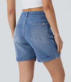 High Waisted Pockets Ripped Rolled Hem Washed Denim Casual Shorts — Mid Blue Denim — view 2