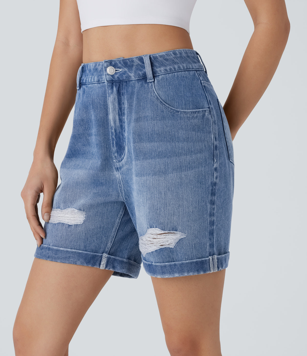 High Waisted Pockets Ripped Rolled Hem Washed Denim Casual Shorts — Mid Blue Denim — view 3