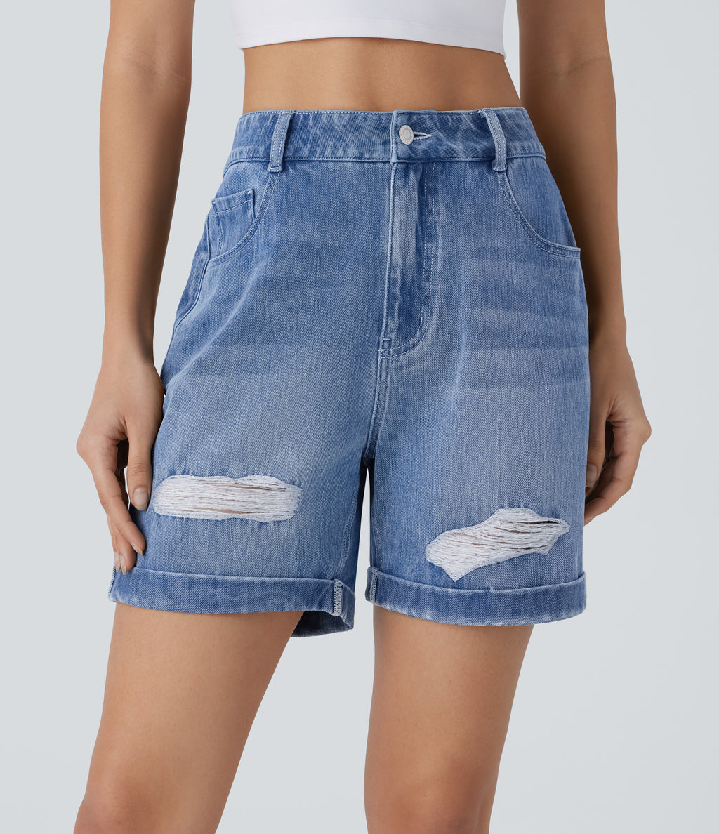 High Waisted Pockets Ripped Rolled Hem Washed Denim Casual Shorts — Mid Blue Denim — view 1
