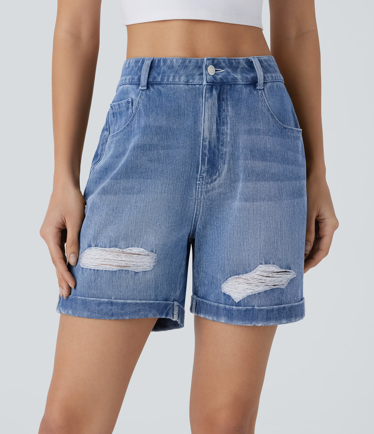 High Waisted Pockets Ripped Rolled Hem Washed Denim Casual Shorts — Mid Blue Denim — view 1