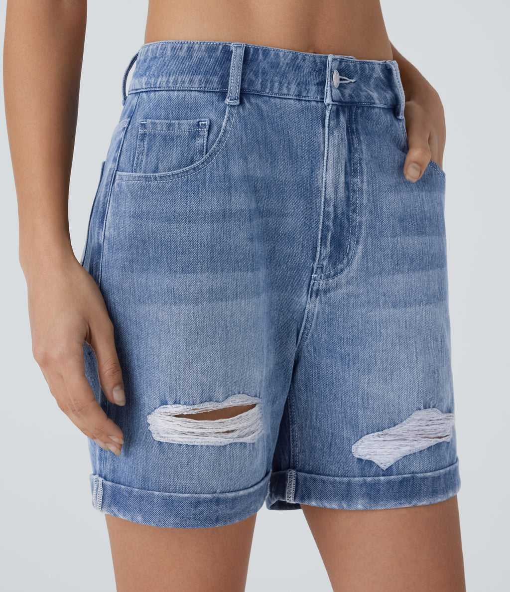 High Waisted Pockets Ripped Rolled Hem Washed Denim Casual Shorts — Mid Blue Denim — view 4