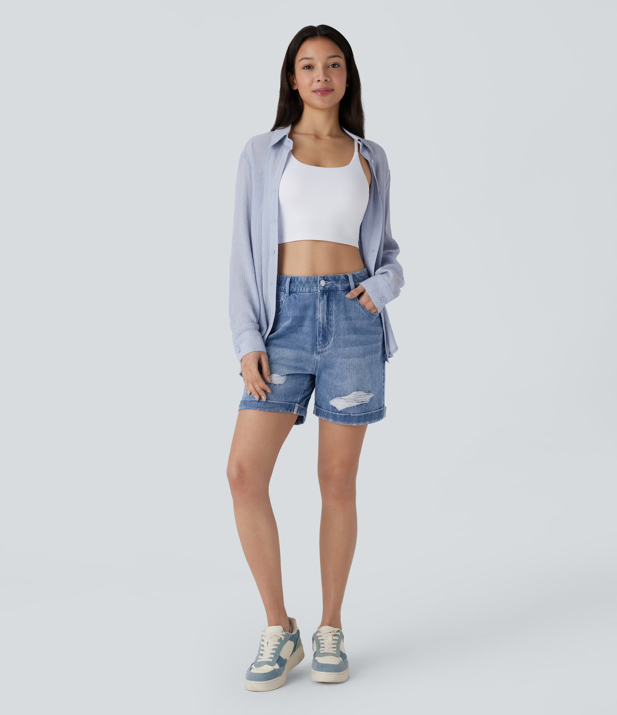 High Waisted Pockets Ripped Rolled Hem Washed Denim Casual Shorts — Mid Blue Denim — view 6