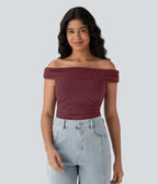 Off Shoulder Ruched Skinny Casual Top — Oxblood Red — view 5