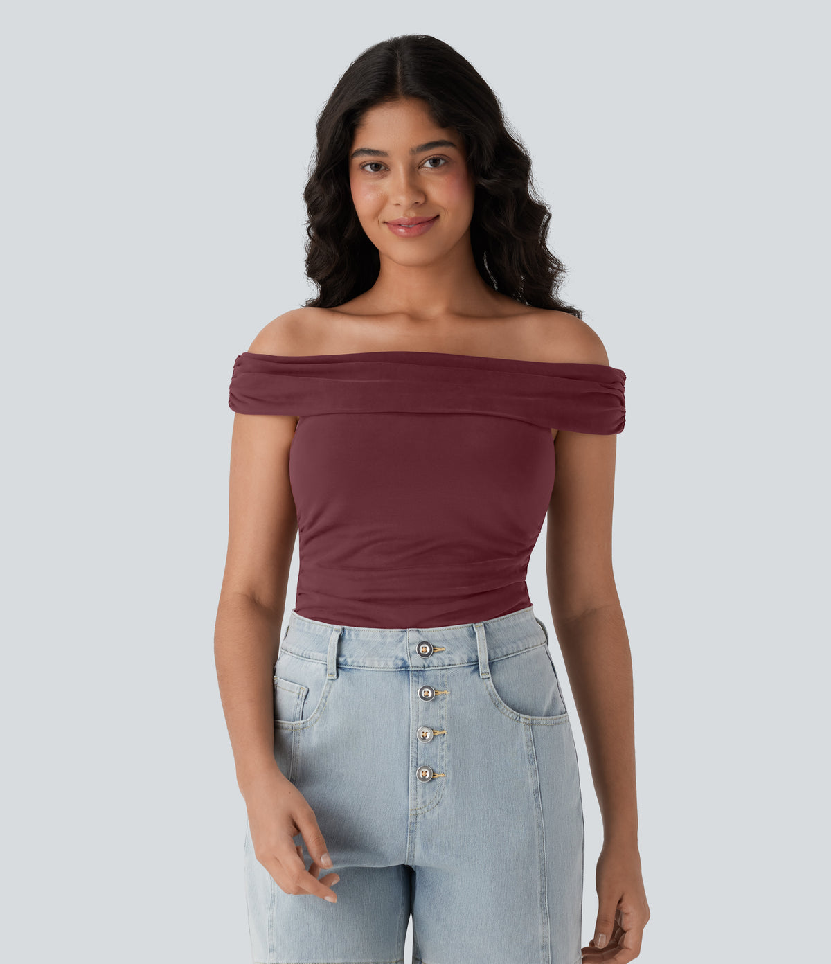 Off Shoulder Ruched Skinny Casual Top — Oxblood Red — view 5