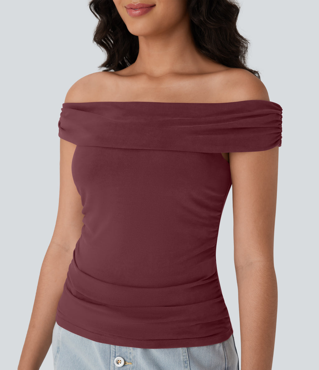 Off Shoulder Ruched Skinny Casual Top — Oxblood Red — view 4