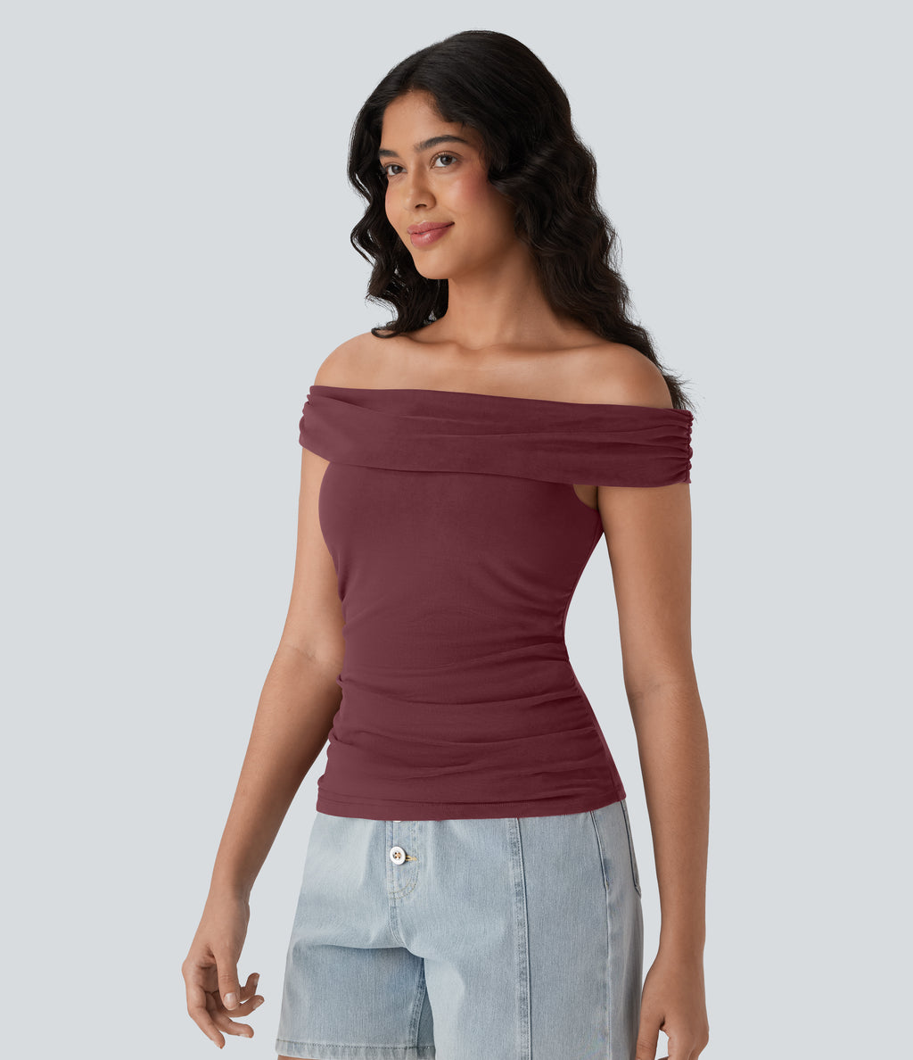 Off Shoulder Ruched Skinny Casual Top — Oxblood Red — view 3