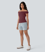 Off Shoulder Ruched Skinny Casual Top — Oxblood Red — view 6