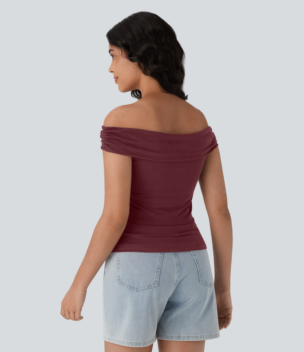 Off Shoulder Ruched Skinny Casual Top — Oxblood Red — view 2