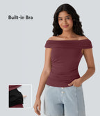 Off Shoulder Ruched Skinny Casual Top — Oxblood Red — view 1