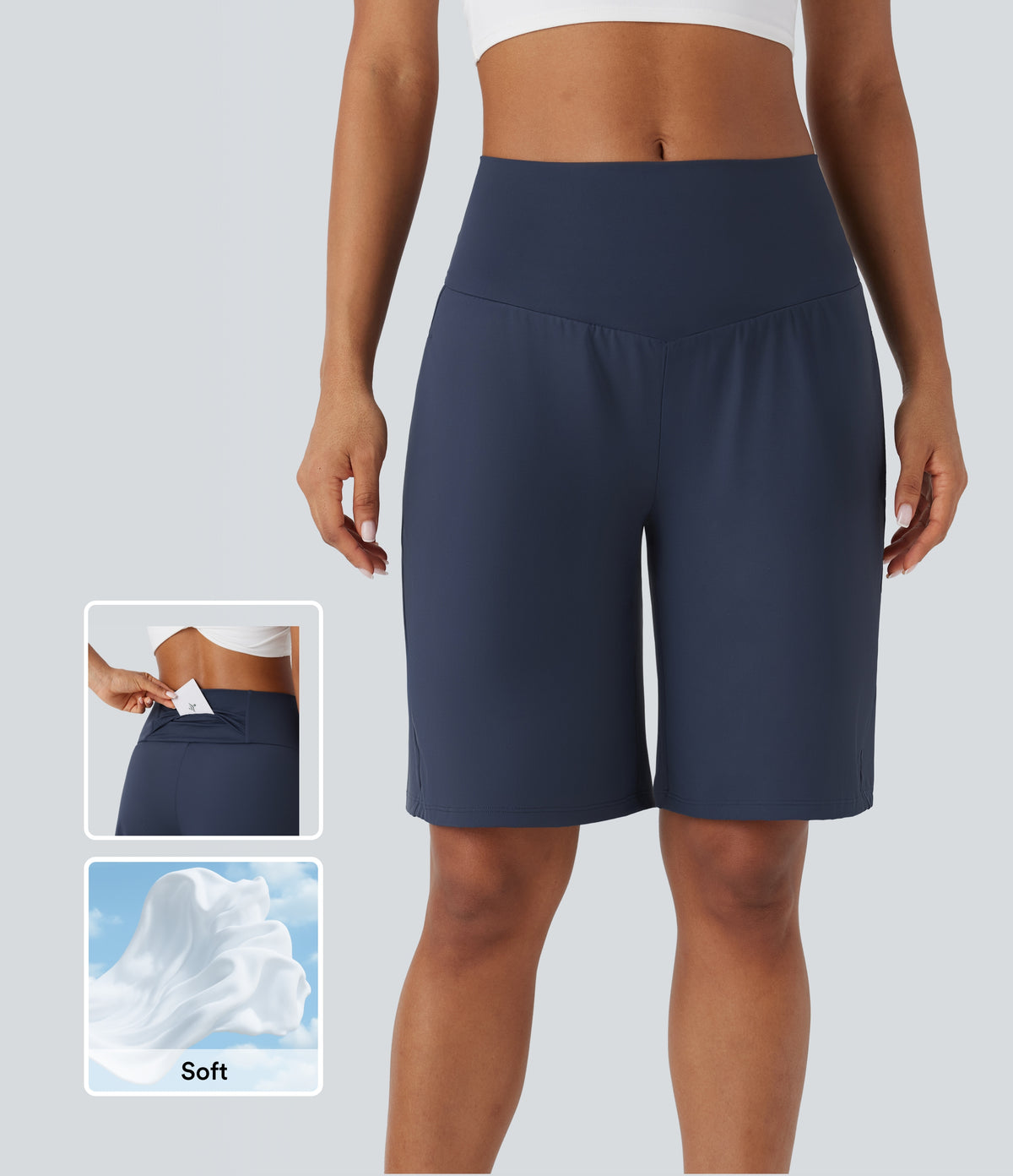 Airy High Waisted Pockets InstantCool Yoga Bermuda Shorts — Mood Indigo — view 1