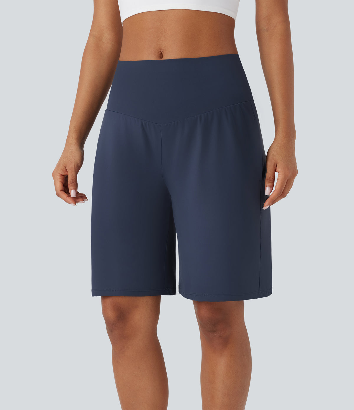 Airy High Waisted Pockets InstantCool Yoga Bermuda Shorts — Mood Indigo — view 4