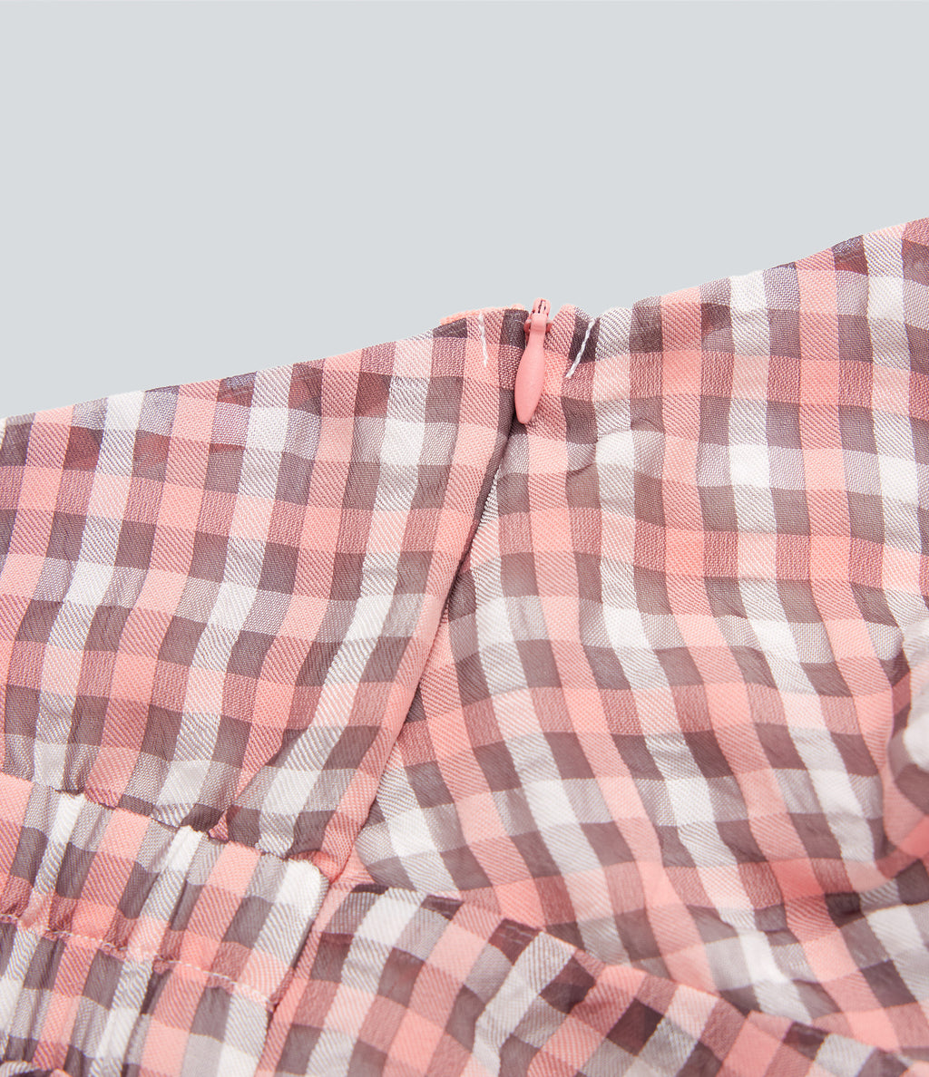 Crisscross Backless Tie Back Invisible Zipper Ruffle Hem Plaid Flowy Maxi Casual Dress — Pink White Gradient Plaid — view 6