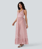 Crisscross Backless Tie Back Invisible Zipper Ruffle Hem Plaid Flowy Maxi Casual Dress — Pink White Gradient Plaid — view 3