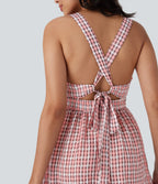 Crisscross Backless Tie Back Invisible Zipper Ruffle Hem Plaid Flowy Maxi Casual Dress — Pink White Gradient Plaid — view 4