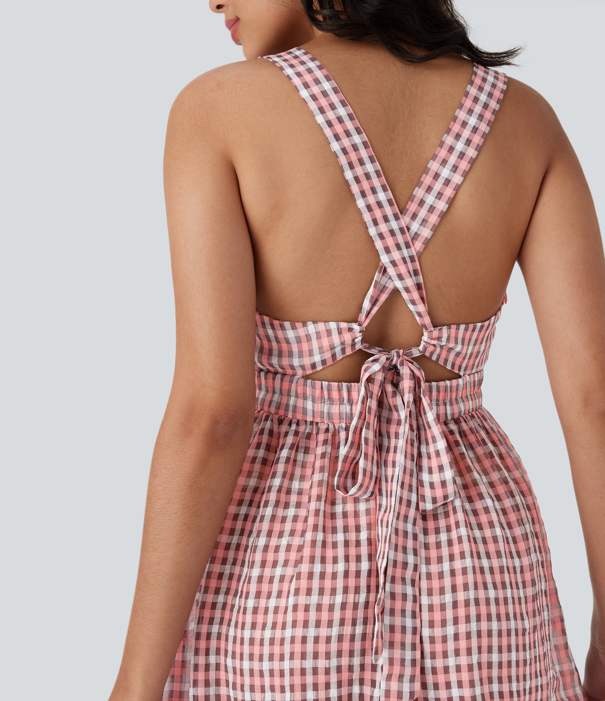 Crisscross Backless Tie Back Invisible Zipper Ruffle Hem Plaid Flowy Maxi Casual Dress — Pink White Gradient Plaid — view 4